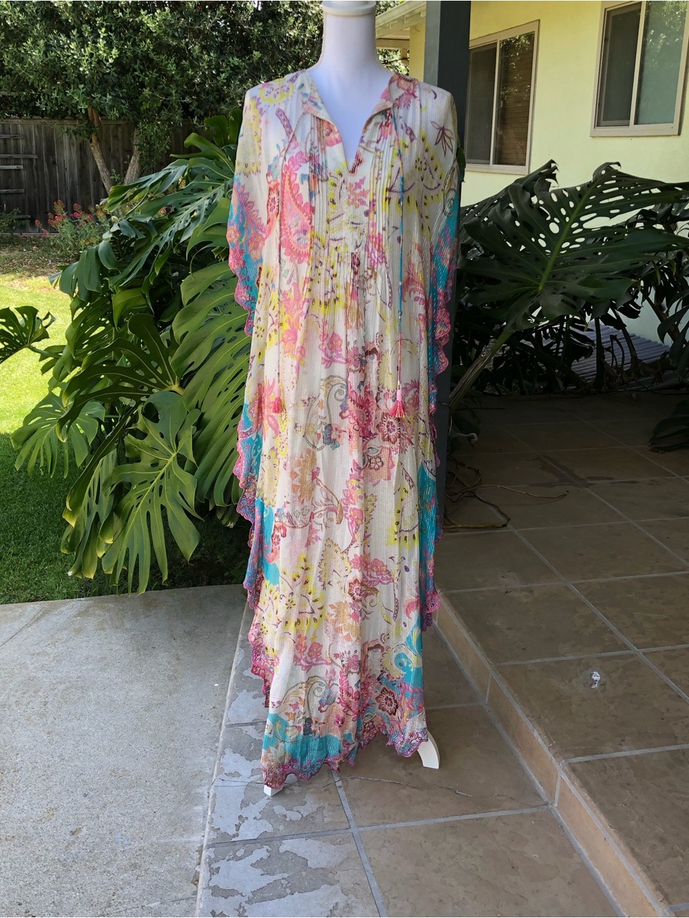 HEMANT & NANDITA Kaftan Maxi Dress with Pink, Turquoise & Yellow Print - Size S